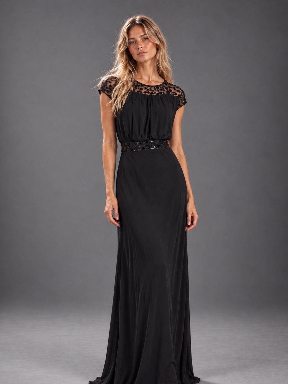Aidan Mattox Black Maxi Dress with Sheer Yoke
